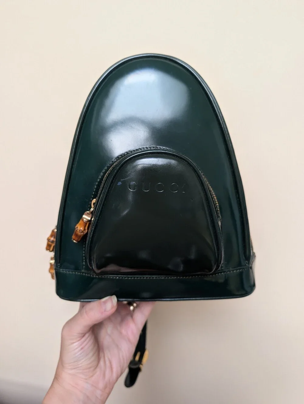 Vintage Gucci Bamboo + Enameled Leather Sling Backpack - Hunter Green Gucci Bamboo Backpack Bags & Handbags for Women for sale | eBay main image 3